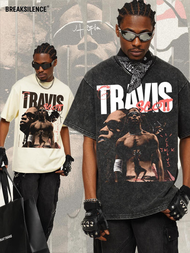 欧美潮牌TravisScott印花短袖T恤男水洗做旧300g重磅纯棉宽松半袖