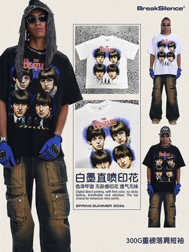 The Beatles乐队 美式复古300G全棉炒雪花水洗重磅宽松透气短袖男