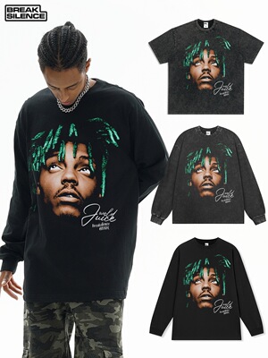 美式街头嘻哈JuiceWRLD 数码印花水洗做旧短袖T恤男宽松重磅长袖