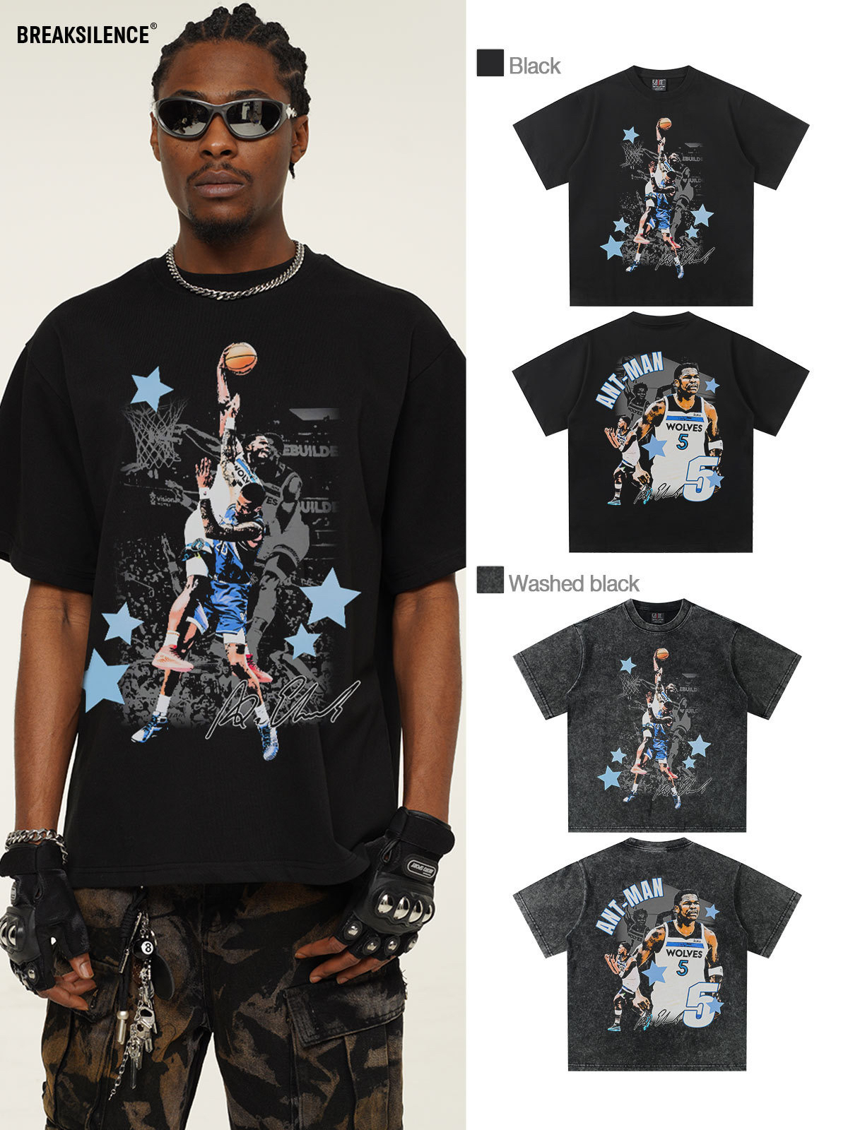 美式篮球星爱德华兹印花短袖T恤男街头嘻哈300g重磅纯棉宽松半袖