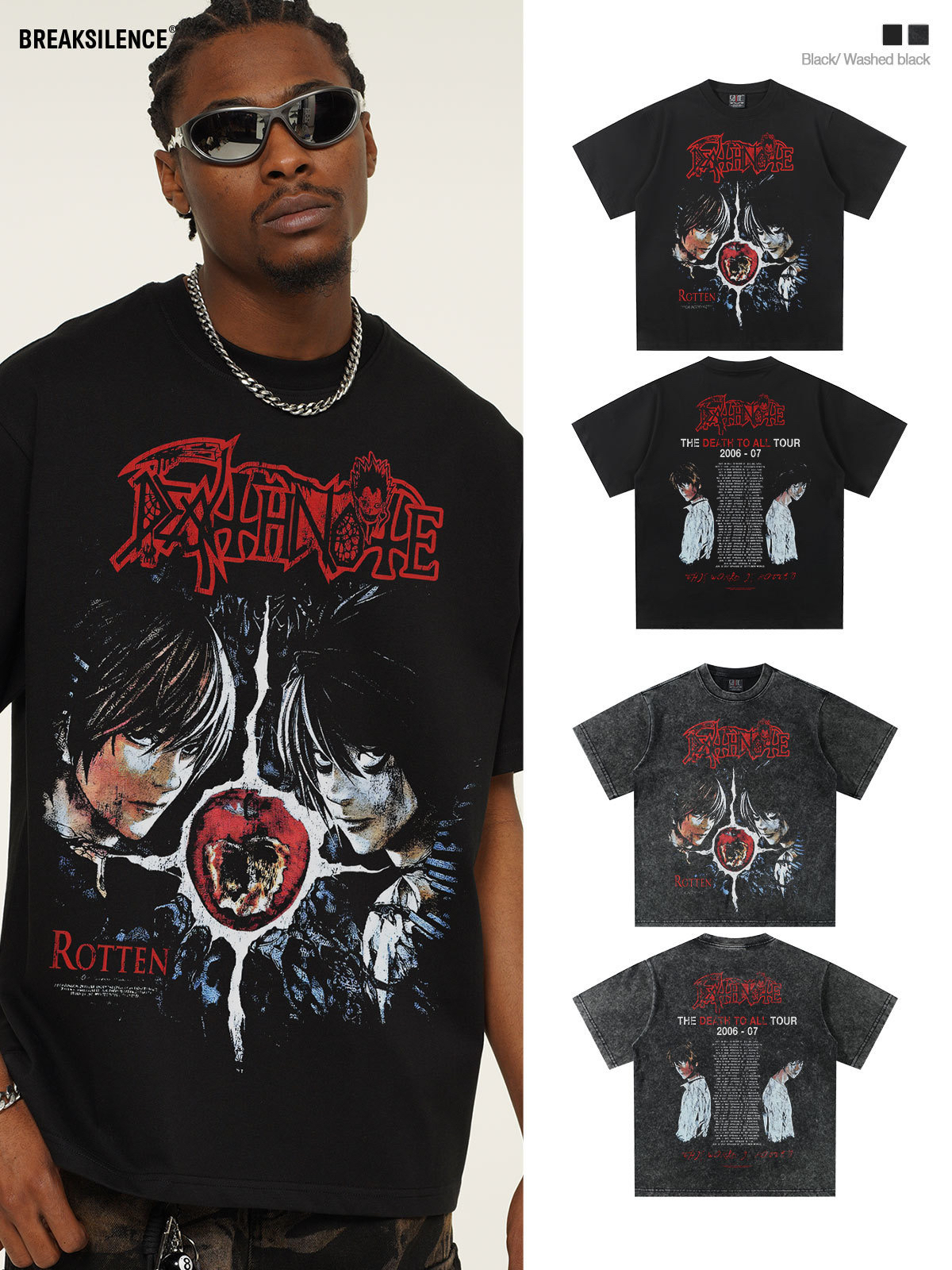 日系动漫Death Note印花短袖T恤男美式复古水洗做旧纯棉宽松半袖