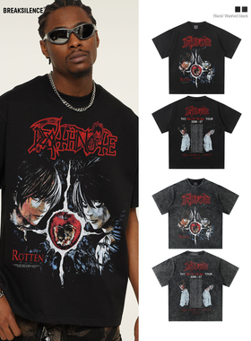 日系动漫Death Note印花短袖T恤男美式复古水洗做旧纯棉宽松半袖