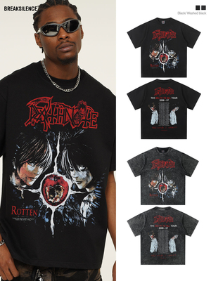 日系动漫Death Note印花短袖T恤男美式复古水洗做旧纯棉宽松半袖