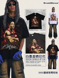 美式复古Rose风城玫瑰数码印花短袖T恤男300g重磅纯棉小领口半袖