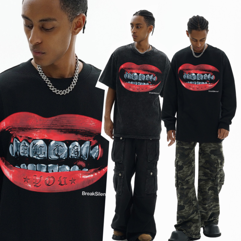 美式潮牌原创烈焰红唇长袖T恤男女欧美风小众百搭街头重磅小领口