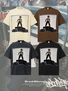 李小龙 美式复古水洗做旧vintage短袖T恤男300g重磅纯棉圆领半袖