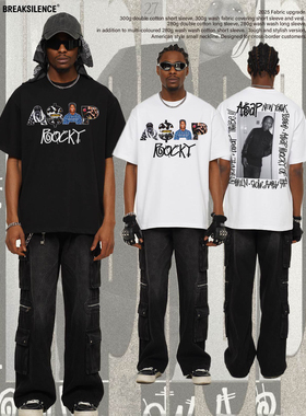美式嘻哈ASPA印花复古水洗做旧短袖T恤男oversize宽松纯棉半袖ins