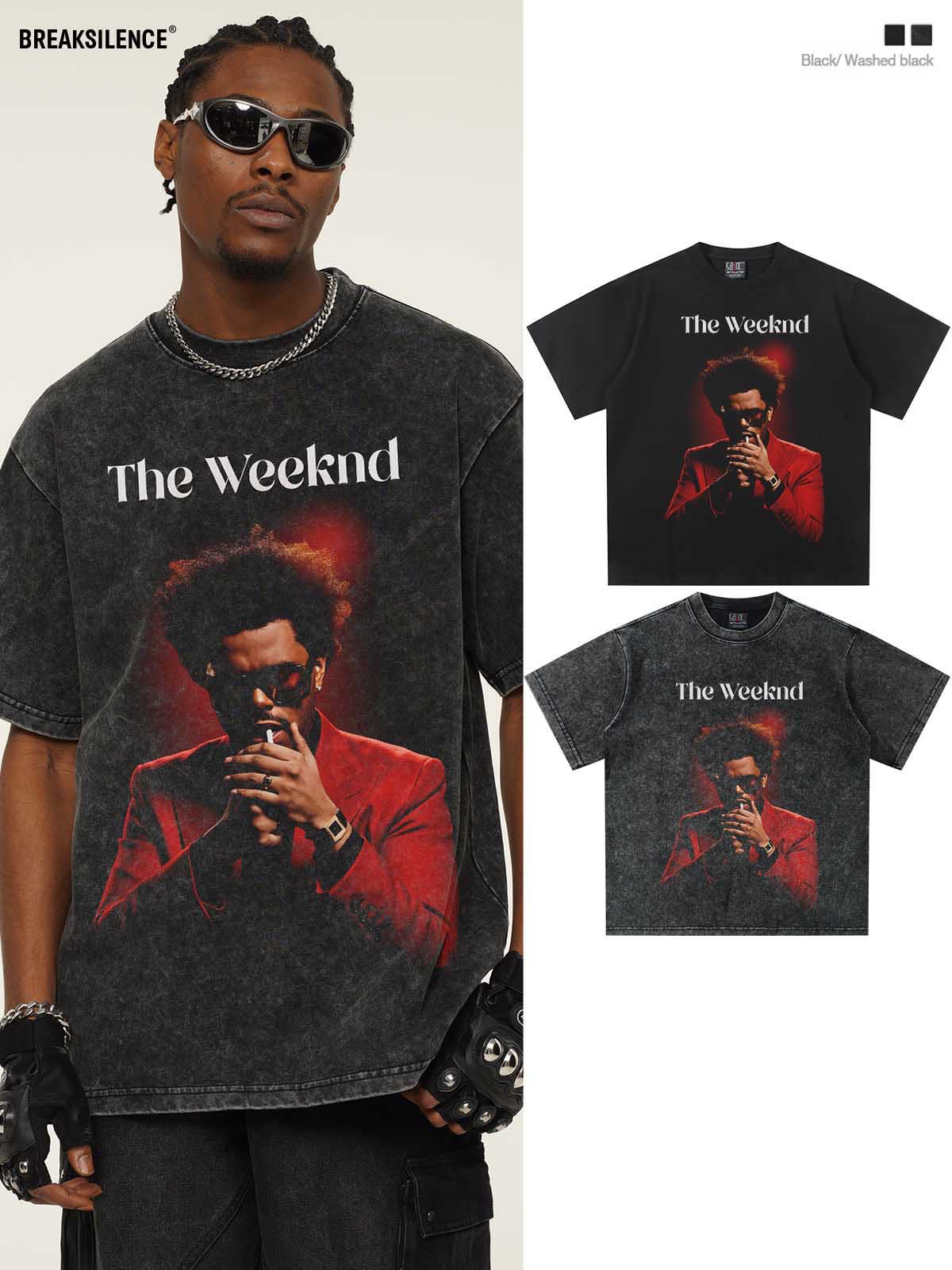 美式TheWeeknd人像印花短袖T恤男女水洗做旧宽松oversize纯棉半袖