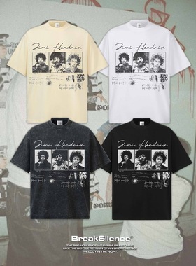 Jimi Hendrix 美式嘻哈说唱rap印花短袖T恤男vintage宽松重磅半袖