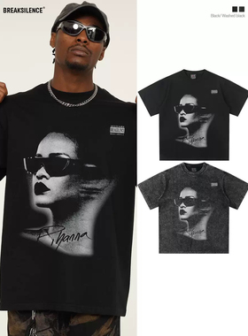 美式复古Rihanna幻影短袖T恤男女潮牌vintage宽松纯棉小领口半袖