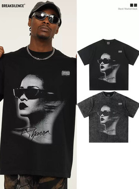 美式复古Rihanna幻影短袖T恤男女潮牌vintage宽松纯棉小领口半袖