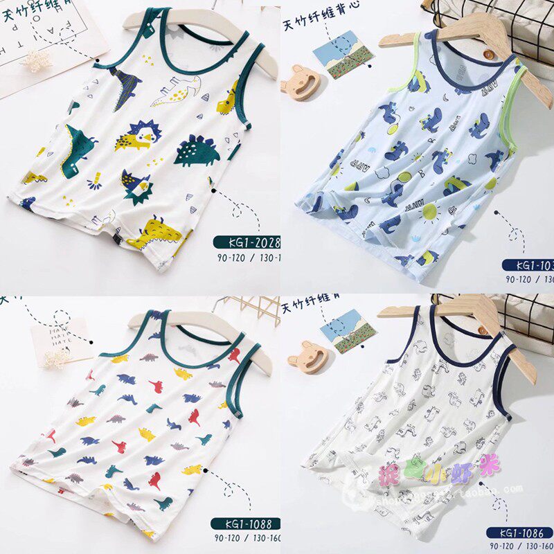 kiskiss童装男孩童卡通透气儿童夏季恐龙图案白色无袖打底小背心