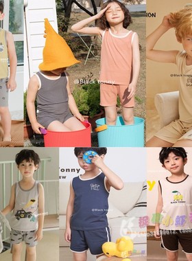 小黑托昵童装男孩童宝贝夏季儿童居家休闲蓝色灰色无袖背心套装