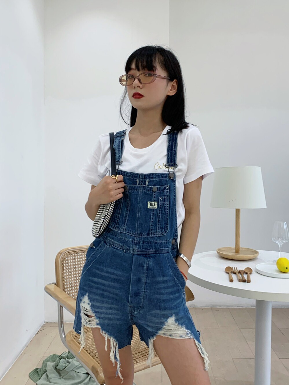 r13 jennie同款牛仔背带裤女夏高腰显瘦宽松直筒短裤女潮ins