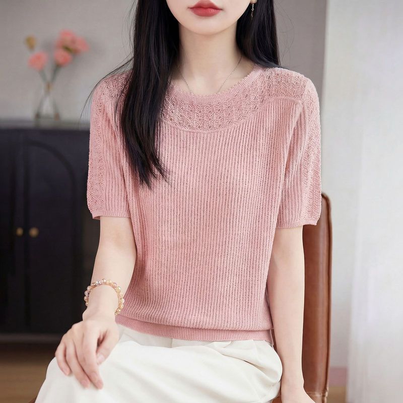 【厂家直供】圆领纯色镂空莱赛尔天丝短袖T恤女夏季宽松真丝上衣图片