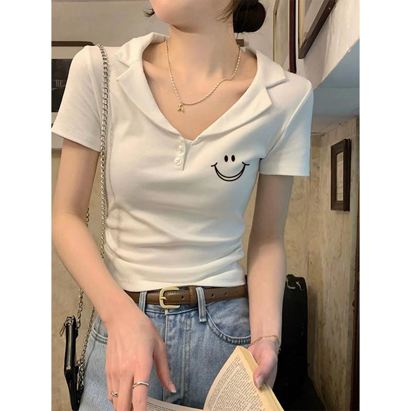 2025夏装Polo翻领露锁骨纯棉短袖t恤女新款收腰正肩修身短款上衣