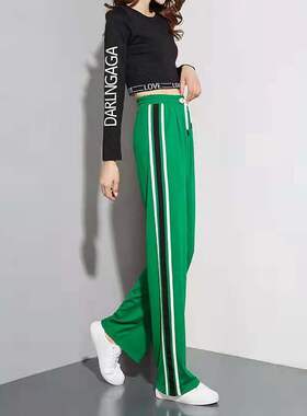 绿色休闲运动裤女夏网红薄款宽松健身跳操舞蹈直筒高腰条纹阔腿裤