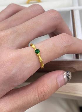 黄金色竹节戒指女小众简约设计新款复古节节高升镶嵌祖母绿戒指