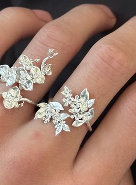 新中式桂花立体拉丝戒指开口可调节食指戒时尚百搭设计师款指环女