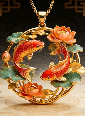 【年年有余】黄金色珐琅彩双鱼戏荷吊坠新中式手工送长辈新年礼物