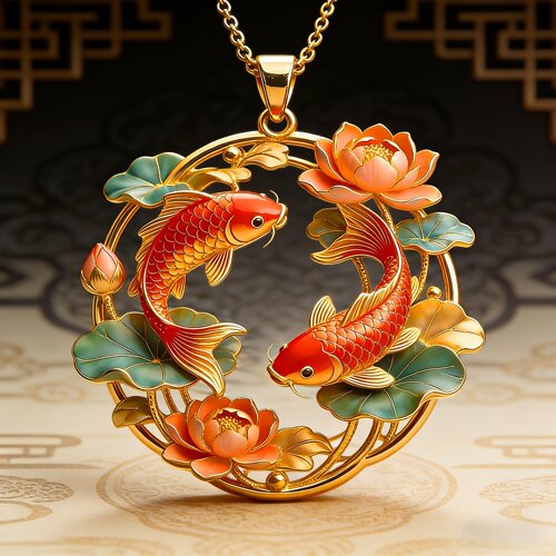 【年年有余】黄金色珐琅彩双鱼戏荷吊坠新中式手工送长辈新年礼物