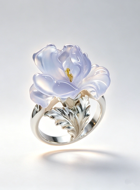 冰透蓝色仿玛瑙牡丹雕花戒指银色枝叶镶嵌可调节小众轻奢送礼首饰