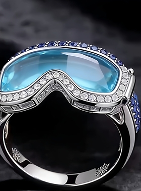 「雪镜狂想」蓝彩宝镶钻个性戒指白金色潮酷滑雪镜造型小众指环