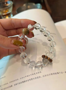 新中式仿白水晶手串男女款7A级纯净体白色手链国风沉香圆珠手饰