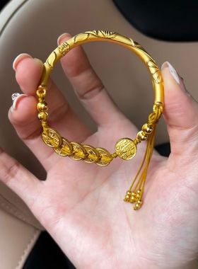 金店同款古法金五帝钱币五路财神半镯编绳手链新中式复古手串礼物