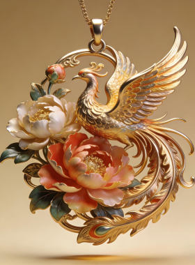 丹凰花佩非遗凤凰牡丹吊坠黄金色国潮手工时尚高级感项链长辈礼物
