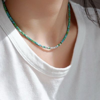 小众独特碎银子仿绿松石方片项链新款百搭极细锁骨链轻奢高级感
