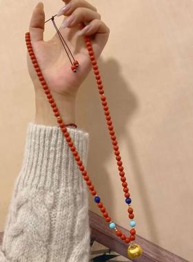 中国红朱砂多宝编绳项链女本命年小胖福毛衣链仿青金石绿松石