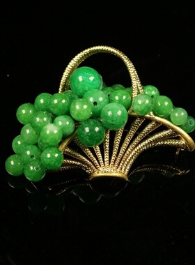 Vintage中古饰品绿色葡萄花篮精致合金配饰女高级感轻奢胸针别针