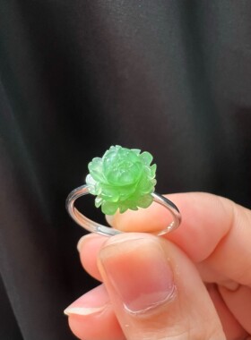 绿意牡丹雕花仿玉戒复古新中式银色戒日常汉服搭配可调节小众指环