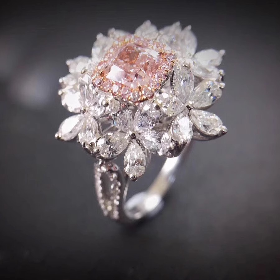 粉钻花朵戒指吊坠两用款小众设计