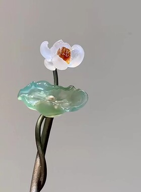 荷塘月色仿玉石发簪白色莲花绿色荷叶古风簪小众高级感国风头饰女