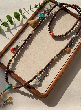 新中式长款香檀木金刚杵流苏项链小众设计复古民族风多宝斜挎链