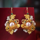 新中式 优雅简约 古风耳环国风银金色精工牡丹花珍珠耳坠复古经典