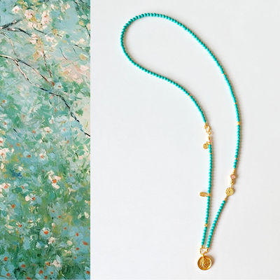 新中式仿绿松石长款项链女串珠毛衣链万能扣可拆卸黄财神吊坠挂绳