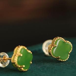 四叶草和田玉碧玉耳钉女新款新中式镶玉国风高级感玉石耳饰耳环