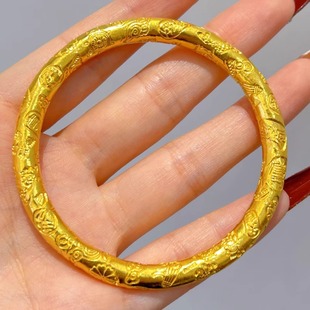 古法金吉言手镯实心闭口黄金色錾刻镯子女款复古风高级感设计送礼