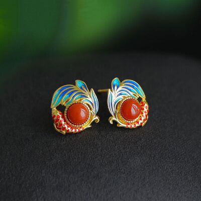 新中式锦鲤南红耳钉中古国风鎏金珐琅复古宫廷风喜气红色新年耳饰