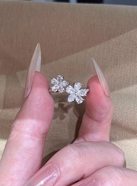 清冷感爆闪银色双生花开口镶钻戒指小众设计高级感精致轻奢款指环