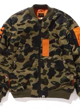 盛桀潮品 BAPE PROTER STAND联名绿迷彩鲨鱼 冬季加厚MA1夹克