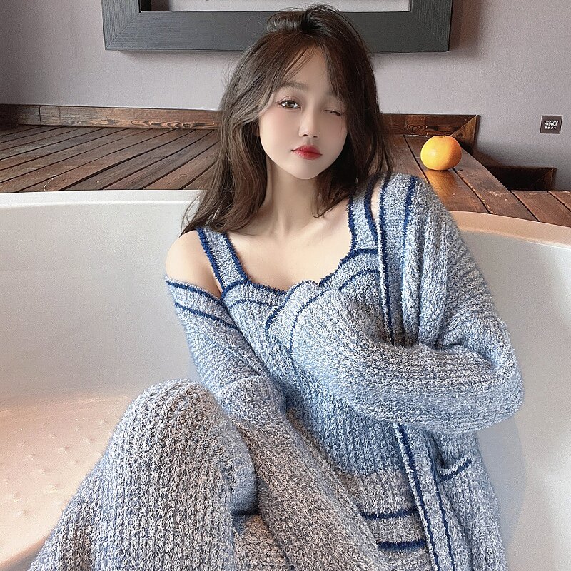 SADO YINER 섹시한 잠옷 여성 겨울 3 피스 잠옷 산호 벨벳 플러스 벨벳 두꺼운 부드러운 가정 의류