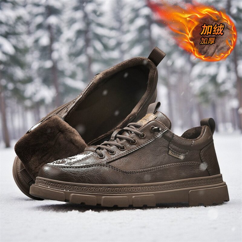 冬季男鞋加绒保暖二棉鞋复古棕色休闲板鞋男士运动软底英伦风皮鞋