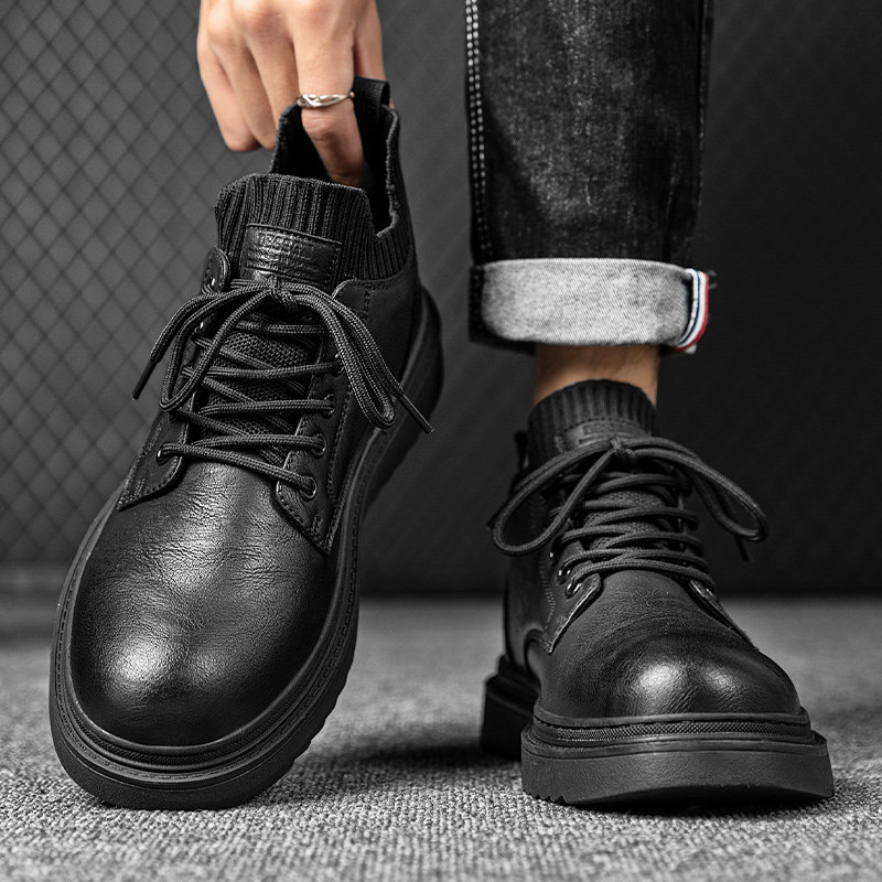 袜子口马丁靴男款秋冬季黑色真皮高帮皮鞋男士英伦风中帮工装皮靴