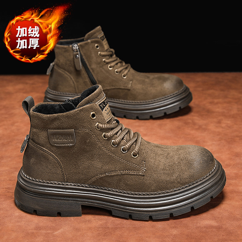工装靴男秋冬季侧拉链复古高帮皮鞋真皮英伦风中帮马丁靴加绒保暖