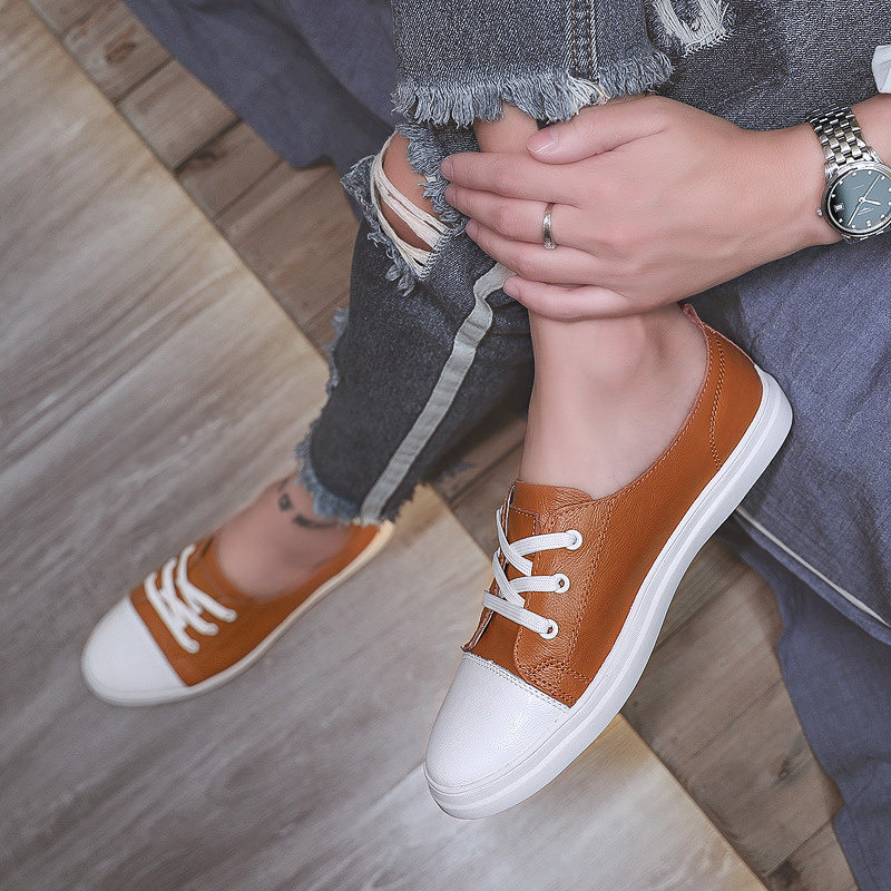 37小码夏季薄款浅口纯皮小白鞋男黄棕色牛皮运动板鞋流行系带皮鞋