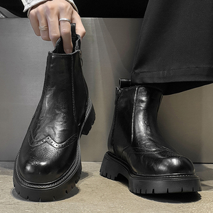 布洛克男鞋秋冬2025新款英伦男烟筒高帮皮鞋中帮马丁靴切尔西短靴